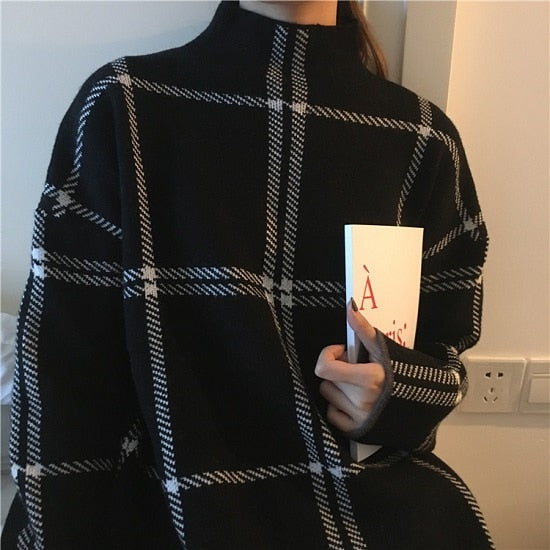 2019 Ins Winter New Women's Pullovers Sweater Fashion Plaid Turtleneck Loose Knit Full Sleeve Korean Casual Tops T98301D