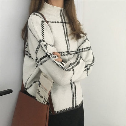 2019 Ins Winter New Women's Pullovers Sweater Fashion Plaid Turtleneck Loose Knit Full Sleeve Korean Casual Tops T98301D