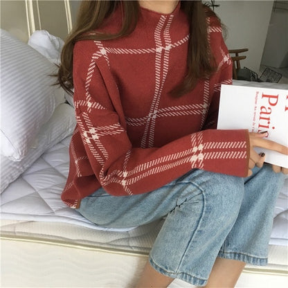 2019 Ins Winter New Women's Pullovers Sweater Fashion Plaid Turtleneck Loose Knit Full Sleeve Korean Casual Tops T98301D