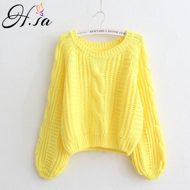 H.SA Roupas femininas Women Pull Sweaters 2020 New Yellow Sweater Jumpers Candy Color Harajuku Chic Short Sweater Twisted Pull