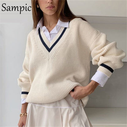 Sampic Winter Women Korean Preppy Style Knitted Basic Sweater Pullover Long Sleeve Beige Casual Sweater Jumpers Tops Outerwear