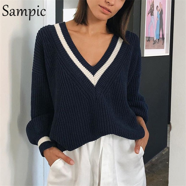 Sampic Winter Women Korean Preppy Style Knitted Basic Sweater Pullover Long Sleeve Beige Casual Sweater Jumpers Tops Outerwear