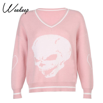 Weekeep Y2K Chic Print Streetwear Oversized Sweater Women's Casual Autumn Winter Knitted Jumper Fashion Loose Knitwear Pullovers