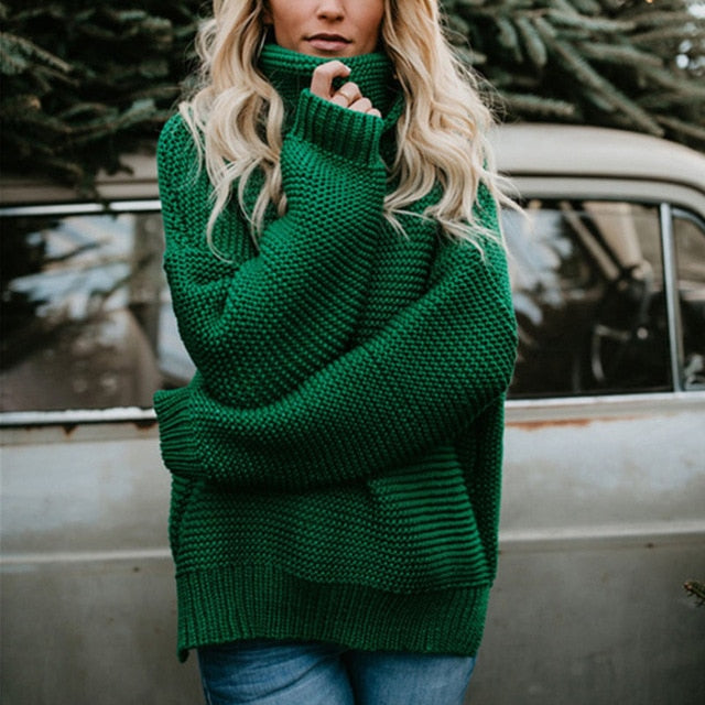 2020 Women Pullover Turtle Neck Autumn Winter Clothes Warm Knitted Oversized Turtleneck Sweater For Women's Green Tops Woman